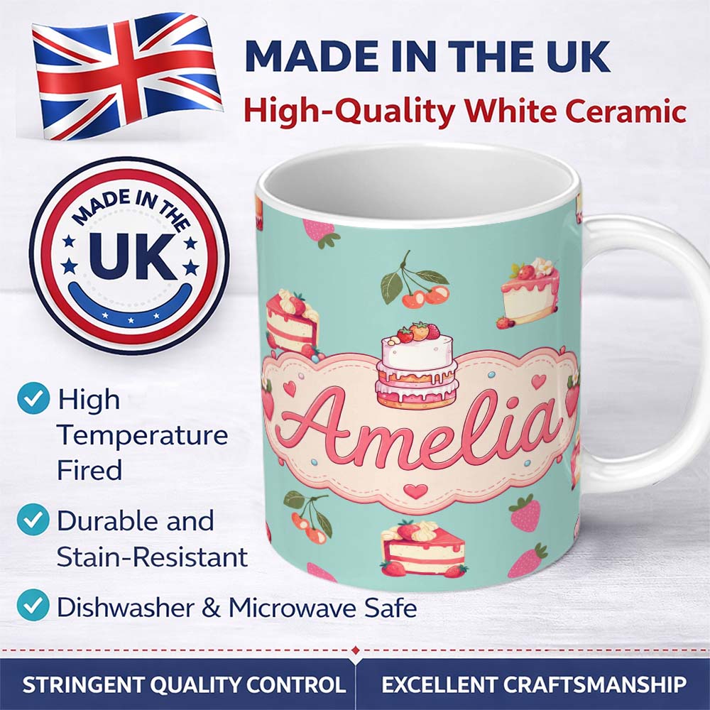 Personalized Custom Name Cute Strawberry Cherry Cake Dessert Mint Green Background Seamless 11oz Ceramic Coffee Tea Mug White Large Handle