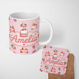 Personalized Custom Name Cute Strawberry Cherry Cake Dessert Soft Pink Background Seamless 11oz Ceramic Coffee Tea Mug White Large Handle