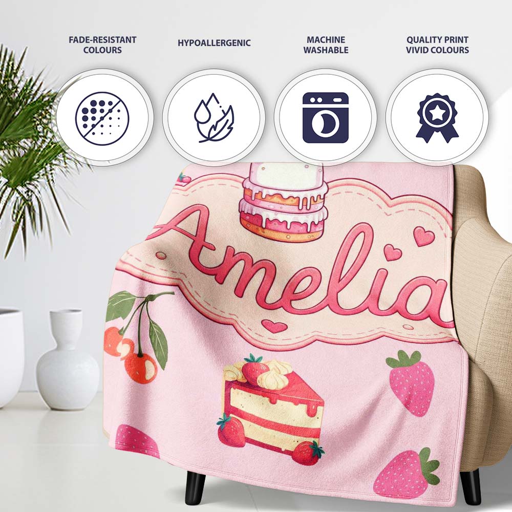 Cute Strawberry Cherry Cake Dessert Soft Pink Background Seamless  Personalised Custom Name Super Soft Fleece Blanket Bed Sofa Throw