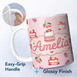 Personalized Custom Name Cute Strawberry Cherry Cake Dessert Soft Pink Background Seamless 11oz Ceramic Coffee Tea Mug White Large Handle