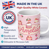 Personalized Custom Name Cute Strawberry Cherry Cake Dessert Soft Pink Background Seamless 11oz Ceramic Coffee Tea Mug White Large Handle