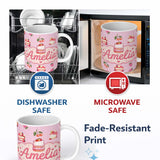 Personalized Custom Name Cute Strawberry Cherry Cake Dessert Rose Pink Background Seamless 11oz Ceramic Coffee Tea Mug White Large Handle