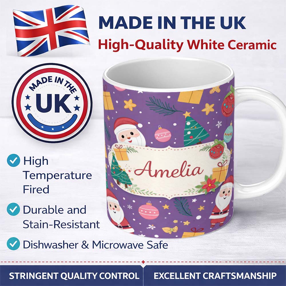 Personalized Custom Name Cute Christmas Santa Tree Gift Cartoon Seamless Pattern Lovely 11oz Ceramic Coffee Tea Mug White Large Handle