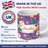Personalized Custom Name Cute Christmas Santa Tree Gift Cartoon Seamless Pattern Lovely 11oz Ceramic Coffee Tea Mug White Large Handle