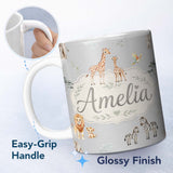 Personalized Custom Name Cute Safari Animals Giraffe Lion Zebra on Grey Background Seamless 11oz Ceramic Coffee Tea Mug White Large Handle