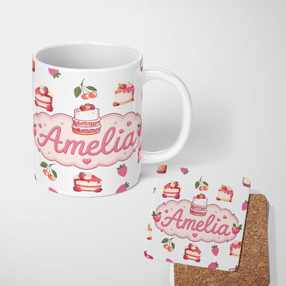 Personalized Custom Name Cute Strawberry Cherry Cake Dessert Light Grey Background Seamless 11oz Ceramic Coffee Tea Mug White Large Handle