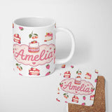 Personalized Custom Name Cute Strawberry Cherry Cake Dessert Light Grey Background Seamless 11oz Ceramic Coffee Tea Mug White Large Handle