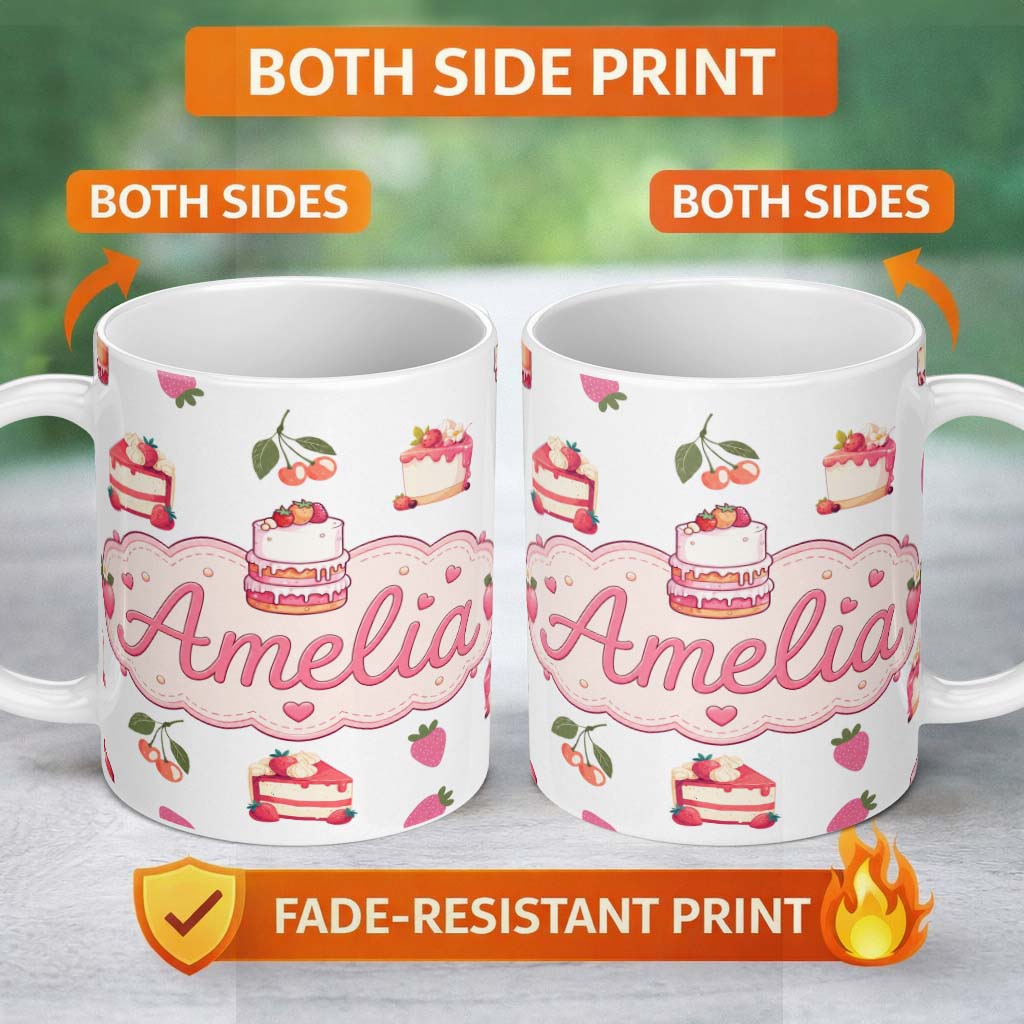 Personalized Custom Name Cute Strawberry Cherry Cake Dessert Light Grey Background Seamless 11oz Ceramic Coffee Tea Mug White Large Handle