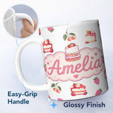 Personalized Custom Name Cute Strawberry Cherry Cake Dessert Light Grey Background Seamless 11oz Ceramic Coffee Tea Mug White Large Handle