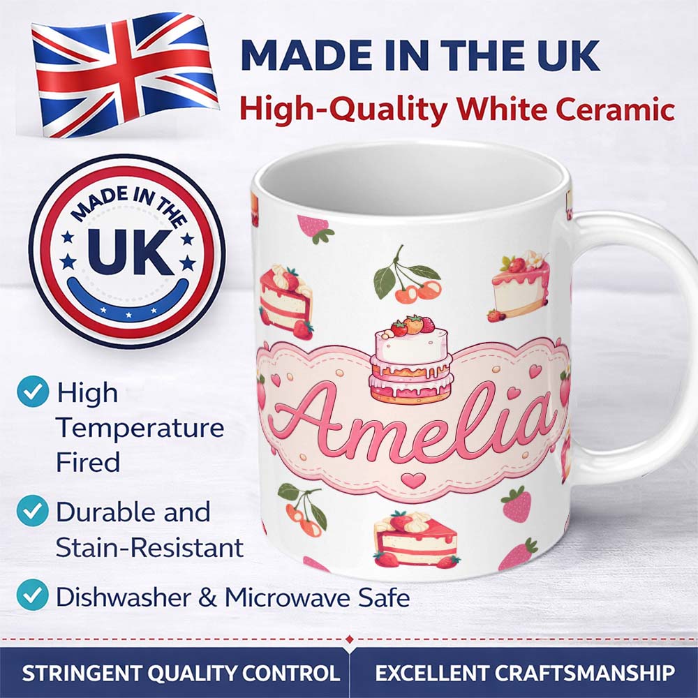 Personalized Custom Name Cute Strawberry Cherry Cake Dessert Light Grey Background Seamless 11oz Ceramic Coffee Tea Mug White Large Handle