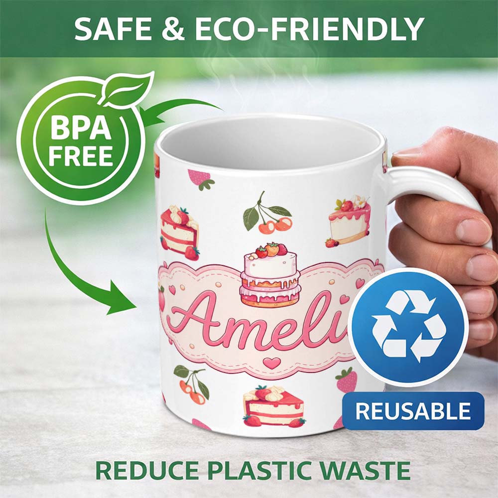 Personalized Custom Name Cute Strawberry Cherry Cake Dessert Light Grey Background Seamless 11oz Ceramic Coffee Tea Mug White Large Handle