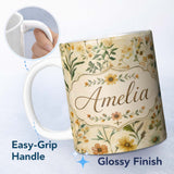 Personalized Custom Name Soft Vintage Wildflower Botanical on Warm Neutral Background Lovely 11oz Ceramic Coffee Tea Mug White Large Handle