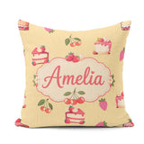 Custom Name Cute Strawberry Cherry Cake Dessert Yellow Seamless Square Filled Cushion Throw Pillow Sofa Bed Home Decor Zip Washable UK Made