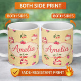 Personalized Custom Name Cute Strawberry Cherry Cake Dessert Yellow Background Seamless 11oz Ceramic Coffee Tea Mug White Large Handle