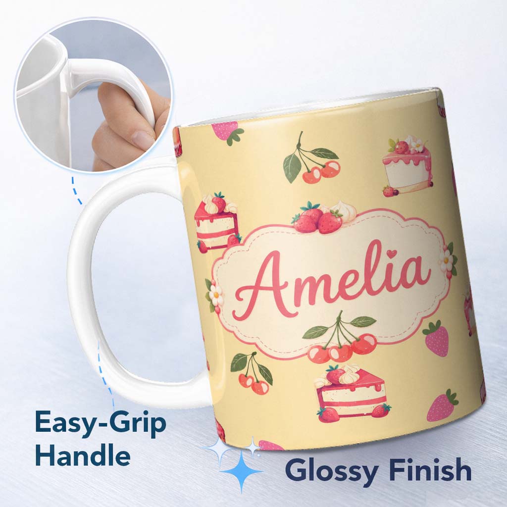 Personalized Custom Name Cute Strawberry Cherry Cake Dessert Yellow Background Seamless 11oz Ceramic Coffee Tea Mug White Large Handle