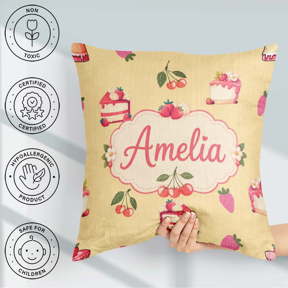Custom Name Cute Strawberry Cherry Cake Dessert Yellow Seamless Square Filled Cushion Throw Pillow Sofa Bed Home Decor Zip Washable UK Made