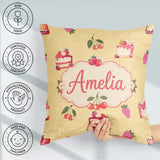 Custom Name Cute Strawberry Cherry Cake Dessert Yellow Seamless Square Filled Cushion Throw Pillow Sofa Bed Home Decor Zip Washable UK Made