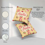 Custom Name Cute Strawberry Cherry Cake Dessert Yellow Seamless Square Filled Cushion Throw Pillow Sofa Bed Home Decor Zip Washable UK Made