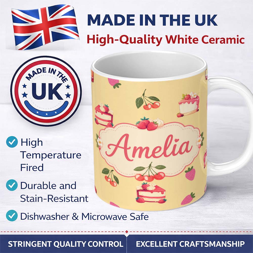 Personalized Custom Name Cute Strawberry Cherry Cake Dessert Yellow Background Seamless 11oz Ceramic Coffee Tea Mug White Large Handle