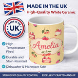 Personalized Custom Name Cute Strawberry Cherry Cake Dessert Yellow Background Seamless 11oz Ceramic Coffee Tea Mug White Large Handle