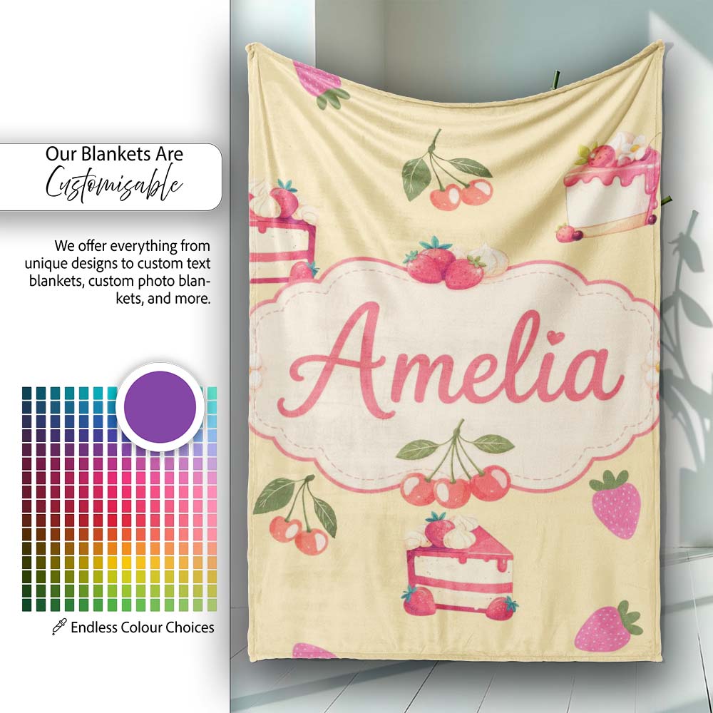 Cute Strawberry Cherry Cake Dessert Yellow Background Seamless  Personalised Custom Name Super Soft Fleece Blanket Bed Sofa Throw