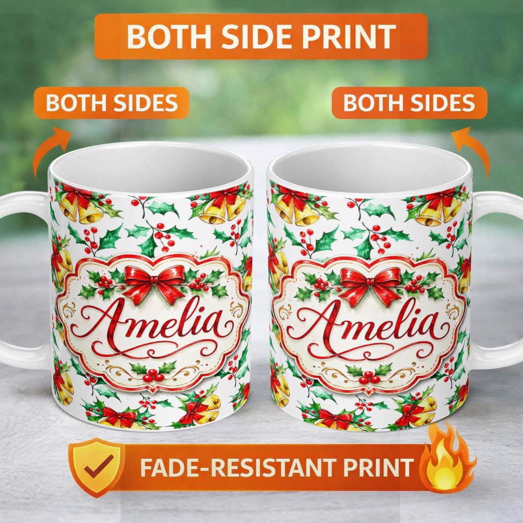 Personalized Custom Name Watercolor Holly Berry Gold Bell Red Bow Festive Seamless Pattern 11oz Ceramic Coffee Tea Mug White Large Handle
