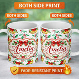 Personalized Custom Name Watercolor Holly Berry Gold Bell Red Bow Festive Seamless Pattern 11oz Ceramic Coffee Tea Mug White Large Handle
