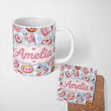 Personalized Custom Name Cute Kawaii Donut Cake Dessert Blue Gingham Background Seamless 11oz Ceramic Coffee Tea Mug White Large Handle
