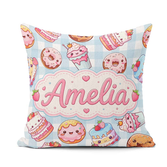 Custom Name Cute Kawaii Donut Cake Dessert Blue Gingham Seamless Square Filled Cushion Throw Pillow Sofa Bed Home Decor Zip Washable UK Made