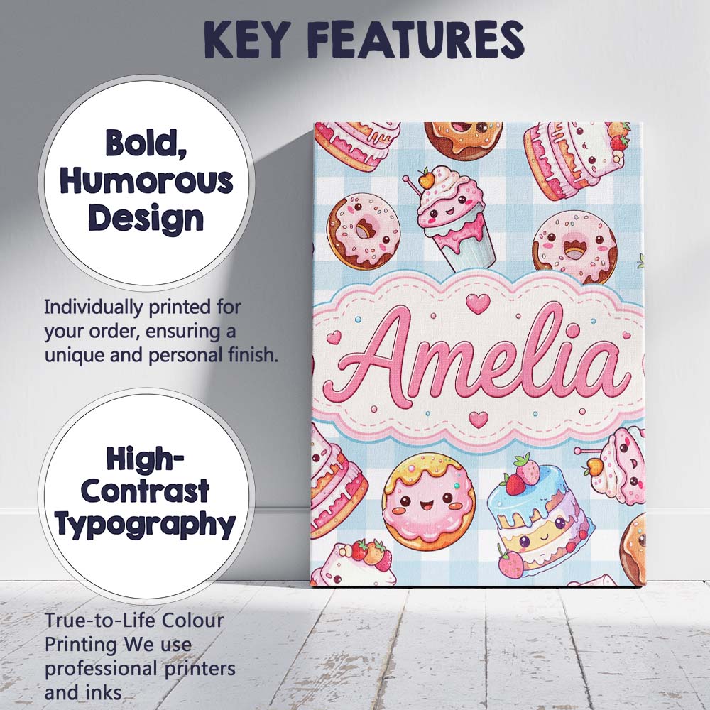 Personalised Name Cute Kawaii Donut Cake Custom  Unique Gift Idea Elegant Feature Canvas Wall Art Print Decor Picture Ready to Hang