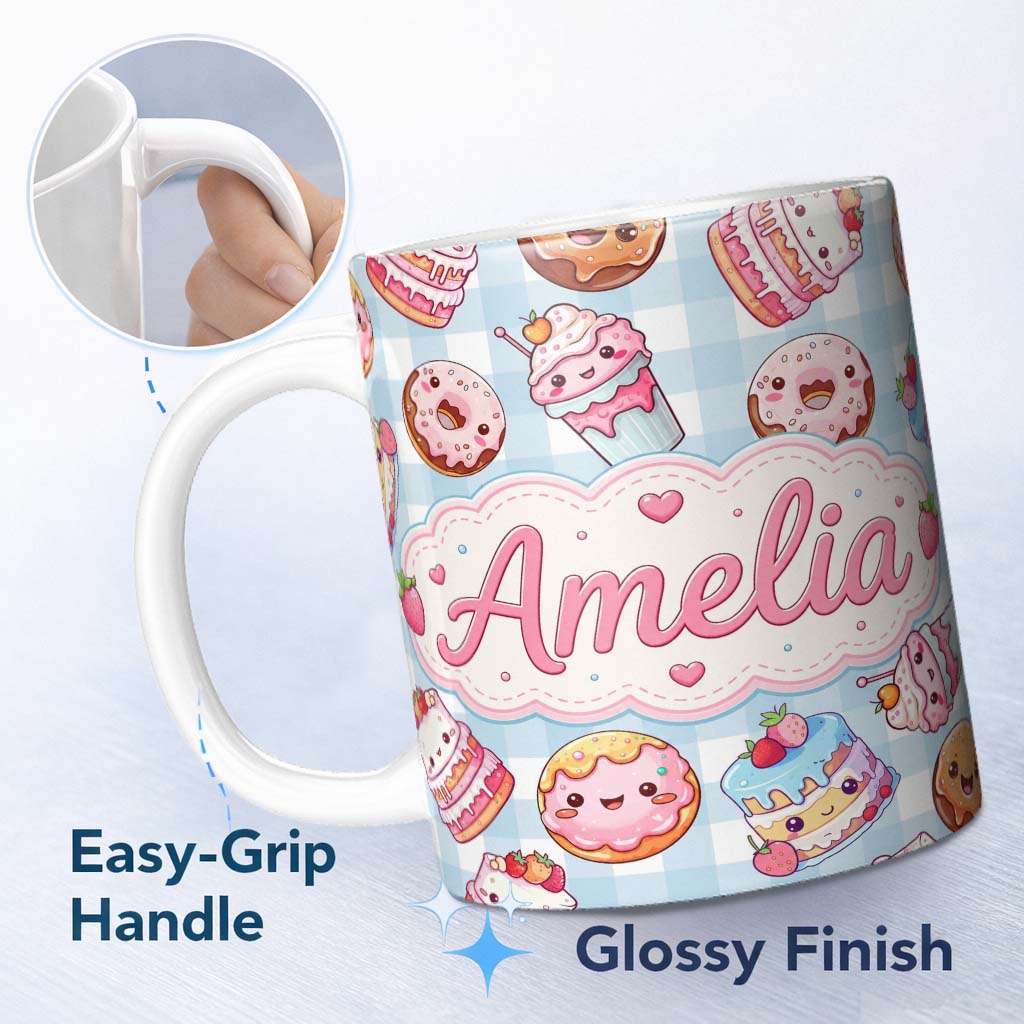 Personalized Custom Name Cute Kawaii Donut Cake Dessert Blue Gingham Background Seamless 11oz Ceramic Coffee Tea Mug White Large Handle