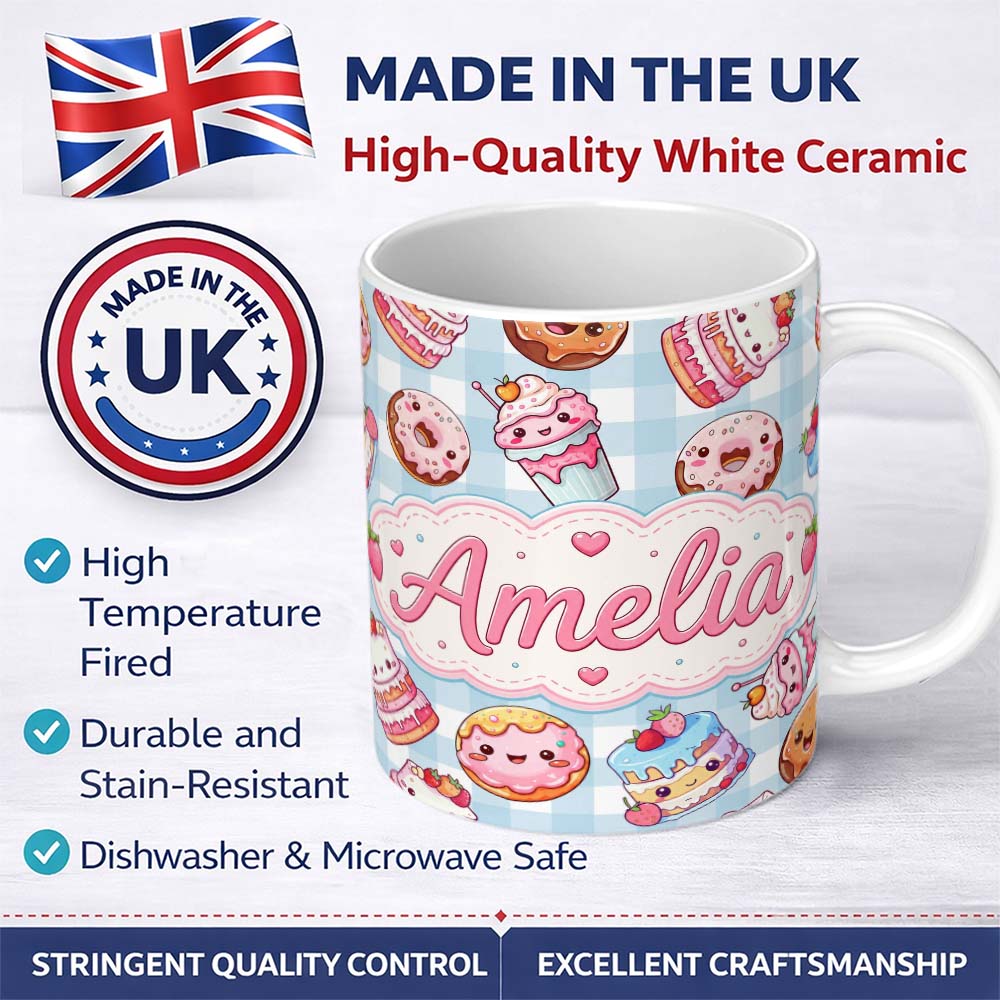 Personalized Custom Name Cute Kawaii Donut Cake Dessert Blue Gingham Background Seamless 11oz Ceramic Coffee Tea Mug White Large Handle
