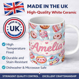 Personalized Custom Name Cute Kawaii Donut Cake Dessert Blue Gingham Background Seamless 11oz Ceramic Coffee Tea Mug White Large Handle