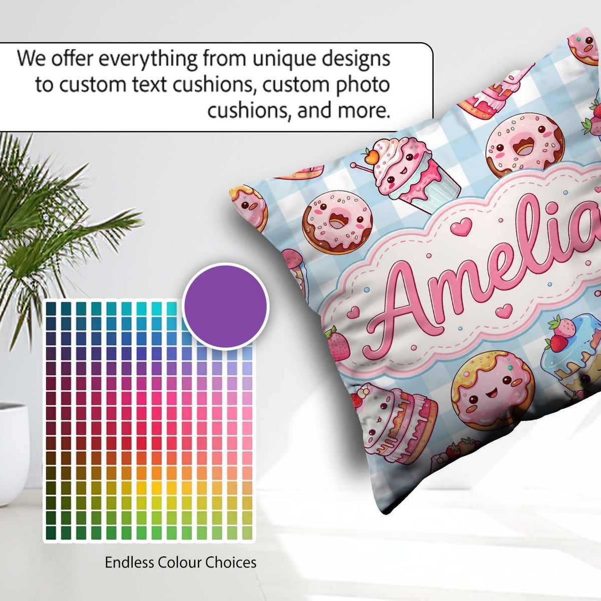 Custom Name Cute Kawaii Donut Cake Dessert Blue Gingham Seamless Square Filled Cushion Throw Pillow Sofa Bed Home Decor Zip Washable UK Made