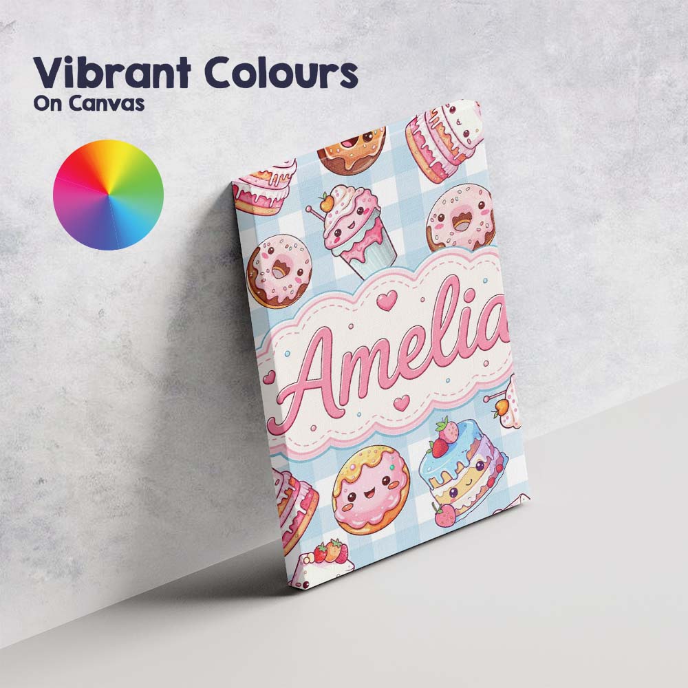 Personalised Name Cute Kawaii Donut Cake Custom  Unique Gift Idea Elegant Feature Canvas Wall Art Print Decor Picture Ready to Hang