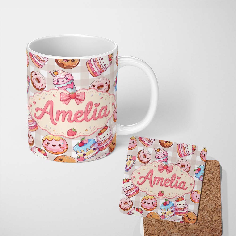 Personalized Custom Name Cute Kawaii Donut Cake Dessert Beige Gingham Seamless Pattern Name 11oz Ceramic Coffee Tea Mug White Large Handle
