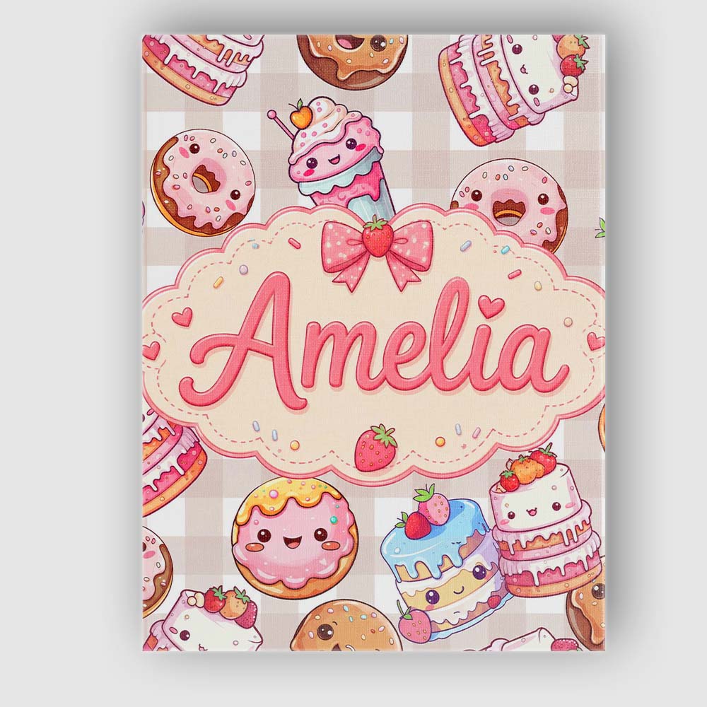 Personalised Name Cute Kawaii Donut Cake Custom  Unique Gift Idea Elegant Feature Canvas Wall Art Print Decor Picture Ready to Hang
