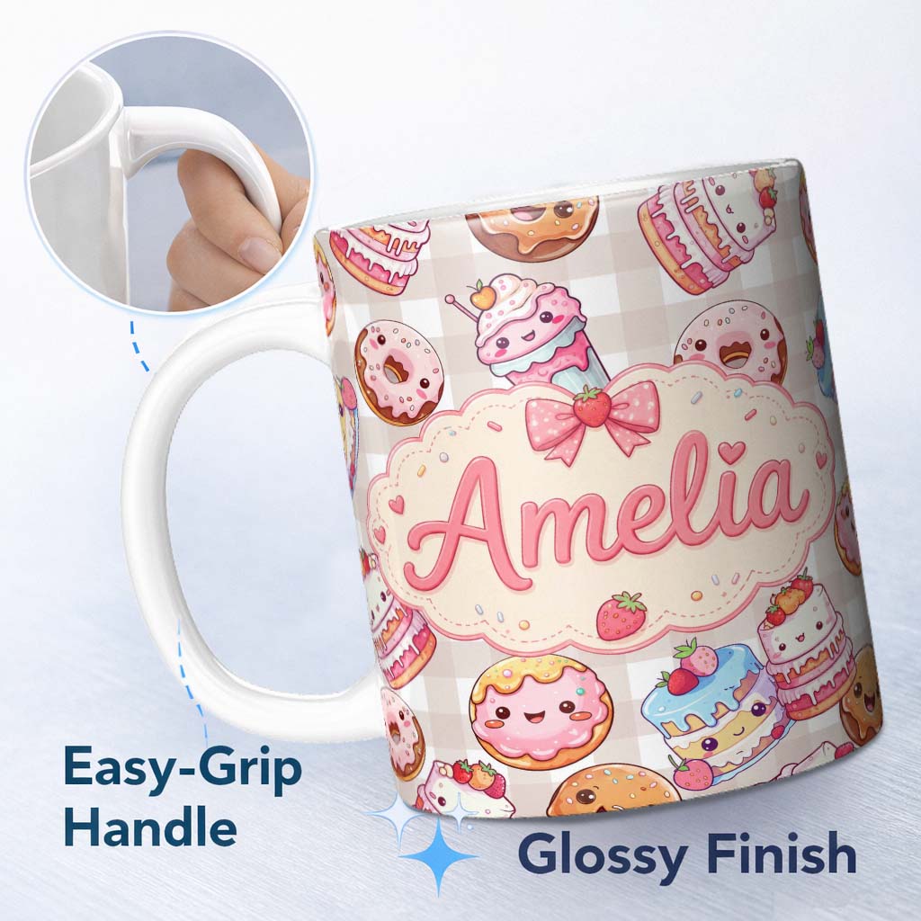 Personalized Custom Name Cute Kawaii Donut Cake Dessert Beige Gingham Seamless Pattern Name 11oz Ceramic Coffee Tea Mug White Large Handle