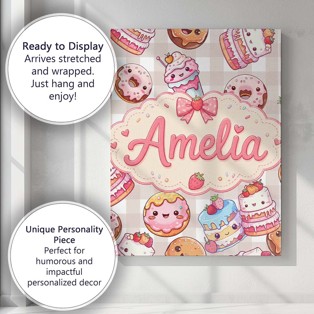 Personalised Name Cute Kawaii Donut Cake Custom  Unique Gift Idea Elegant Feature Canvas Wall Art Print Decor Picture Ready to Hang