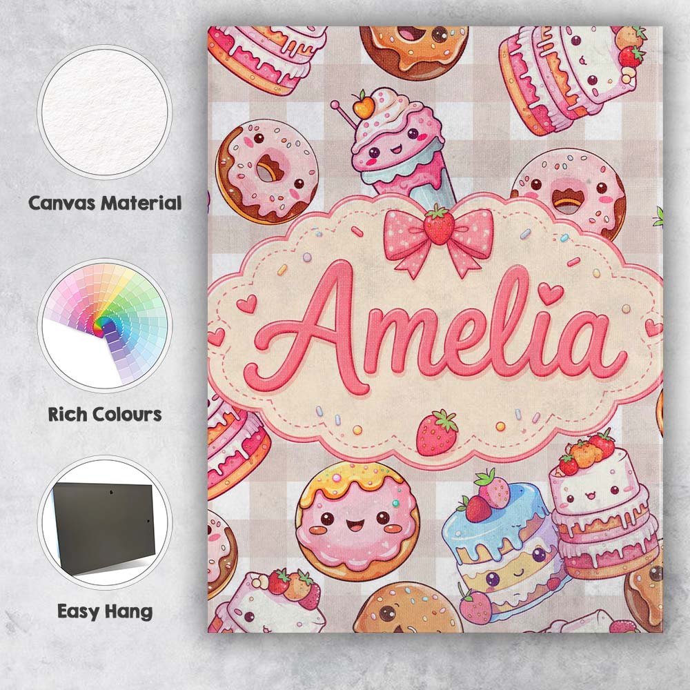 Personalised Name Cute Kawaii Donut Cake Custom  Unique Gift Idea Elegant Feature Canvas Wall Art Print Decor Picture Ready to Hang