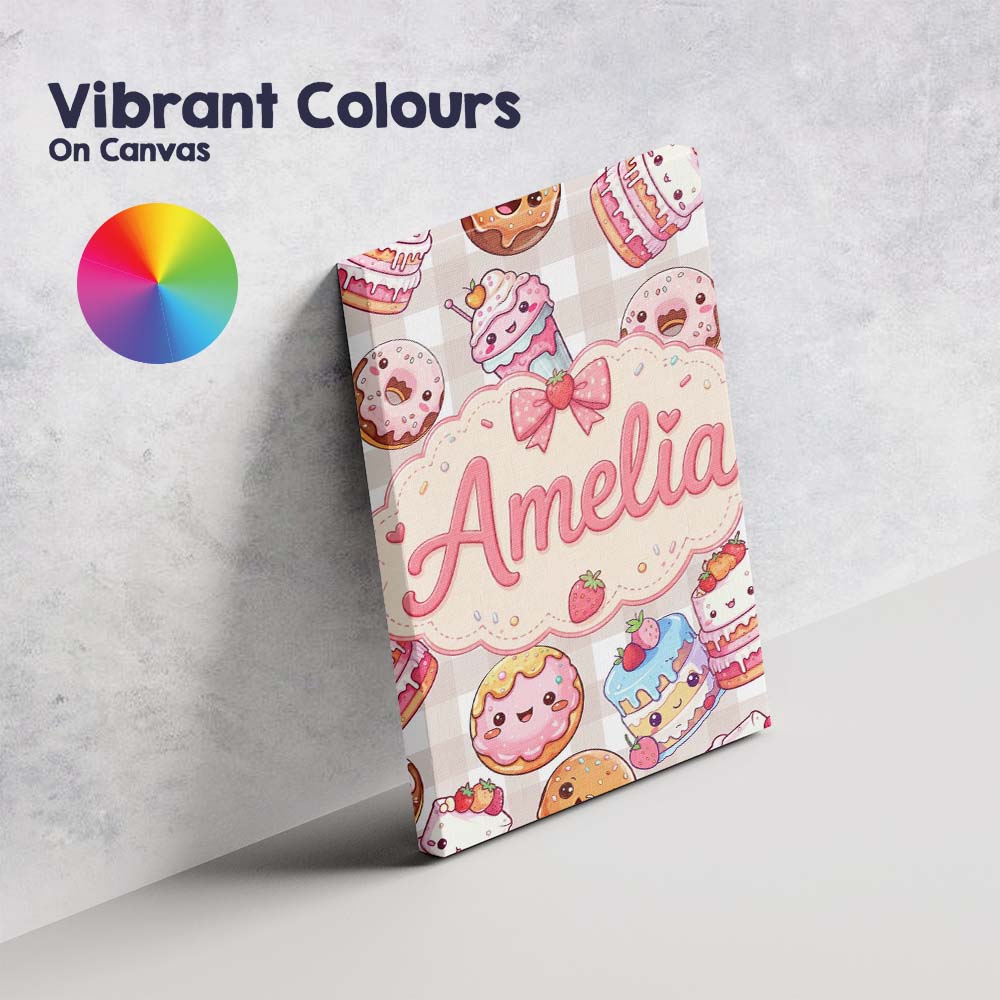 Personalised Name Cute Kawaii Donut Cake Custom  Unique Gift Idea Elegant Feature Canvas Wall Art Print Decor Picture Ready to Hang