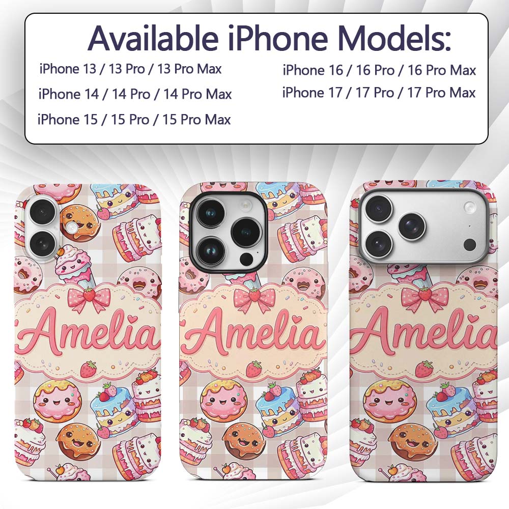 Cute Kawaii Donut Cake Dessert Beige Gingham Custom Name Protective Phone Case Mobile Cover Durable Everyday Smartphone Shock Resistant