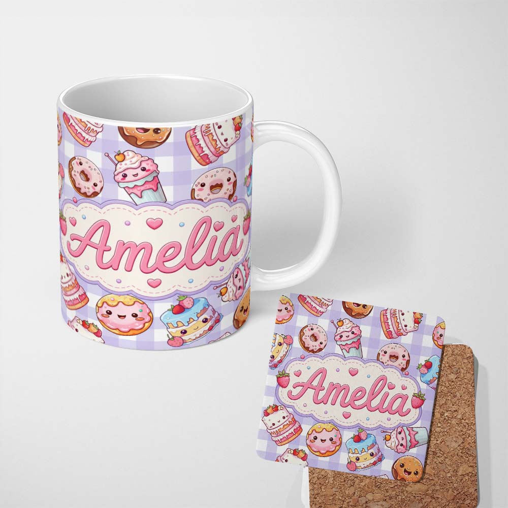 Personalized Custom Name Cute Kawaii Donut Cake Dessert Purple Gingham Seamless Pattern 11oz Ceramic Coffee Tea Mug White Large Handle