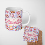 Personalized Custom Name Cute Kawaii Donut Cake Dessert Purple Gingham Seamless Pattern 11oz Ceramic Coffee Tea Mug White Large Handle