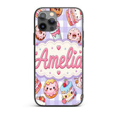Cute Kawaii Donut Cake Dessert Purple Gingham Custom Name Protective Phone Case Mobile Cover Durable Everyday Smartphone Shock Resistant