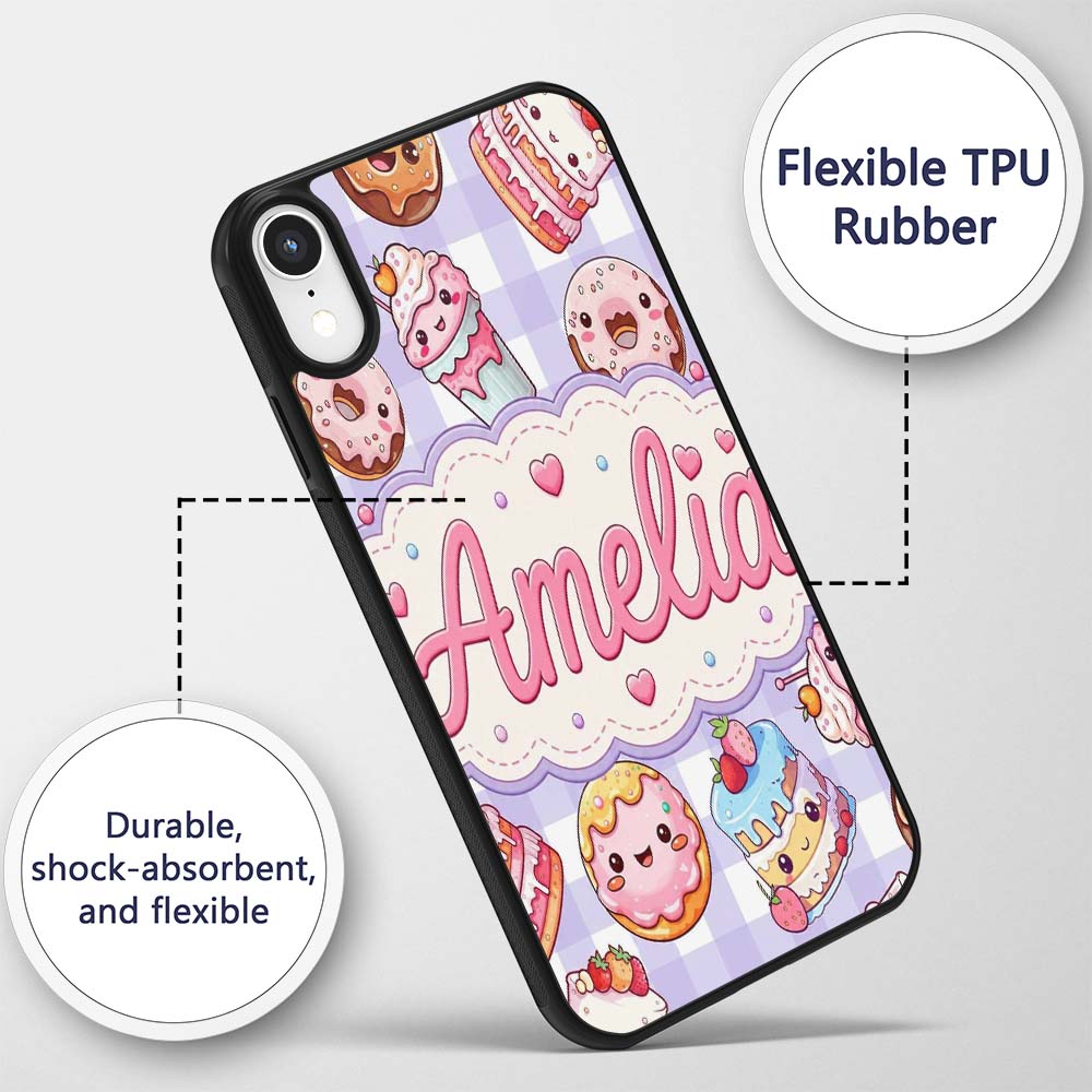 Cute Kawaii Donut Cake Dessert Purple Gingham Custom Name Protective Phone Case Mobile Cover Durable Everyday Smartphone Shock Resistant