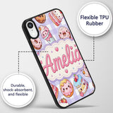 Cute Kawaii Donut Cake Dessert Purple Gingham Custom Name Protective Phone Case Mobile Cover Durable Everyday Smartphone Shock Resistant