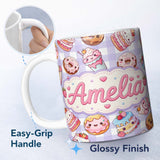 Personalized Custom Name Cute Kawaii Donut Cake Dessert Purple Gingham Seamless Pattern 11oz Ceramic Coffee Tea Mug White Large Handle