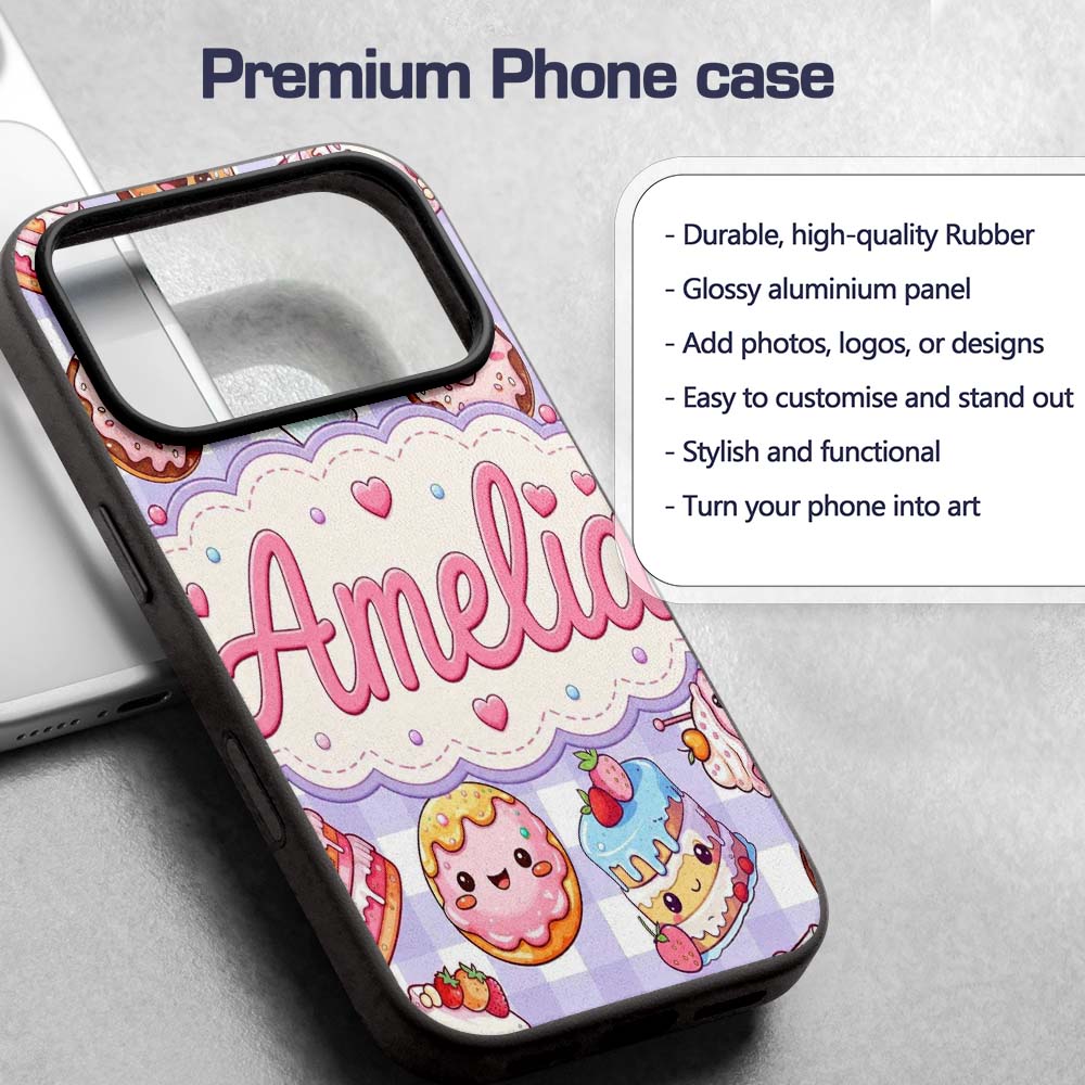 Cute Kawaii Donut Cake Dessert Purple Gingham Custom Name Protective Phone Case Mobile Cover Durable Everyday Smartphone Shock Resistant