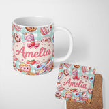Personalized Custom Name Cute Kawaii Donut Cake Dessert Mint Gingham Seamless Pattern Name 11oz Ceramic Coffee Tea Mug White Large Handle